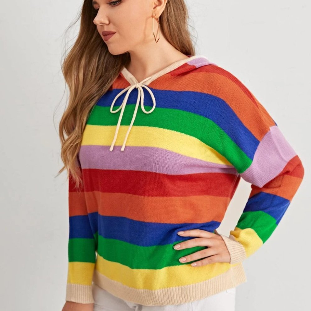 Rainbow Striped Drawstring Hooded Sweater